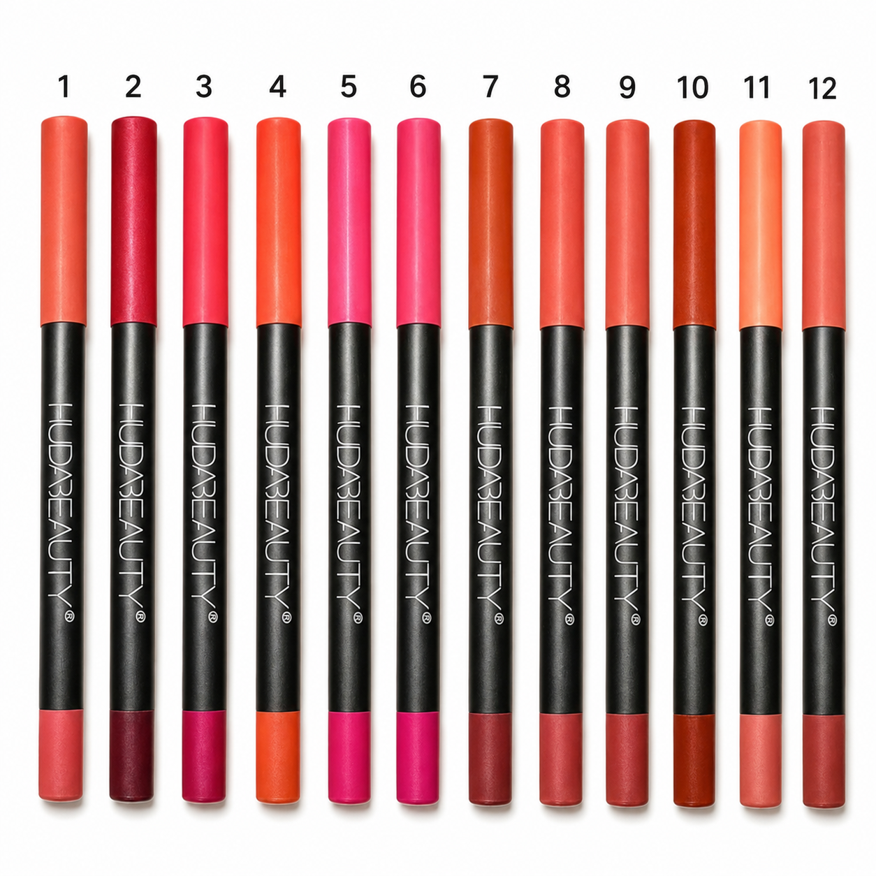 Huda Beauty 12 Color Lip Crayon Set – Dual-Ended Matte Lipstick & Lip Liner Collection | Bold, Smooth & Everyday Glam