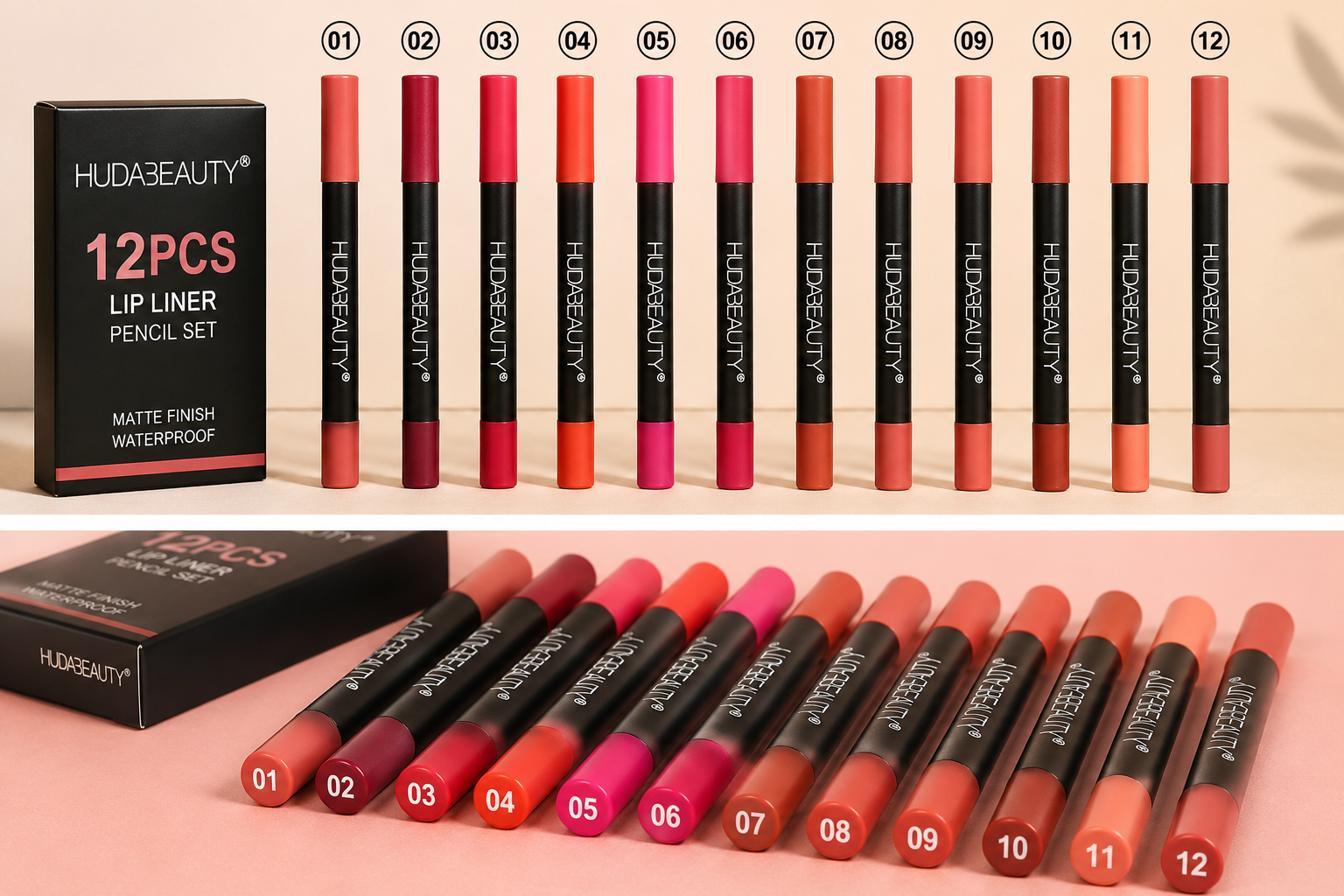Huda Beauty 12 Color Lip Crayon Set – Dual-Ended Matte Lipstick & Lip Liner Collection | Bold, Smooth & Everyday Glam
