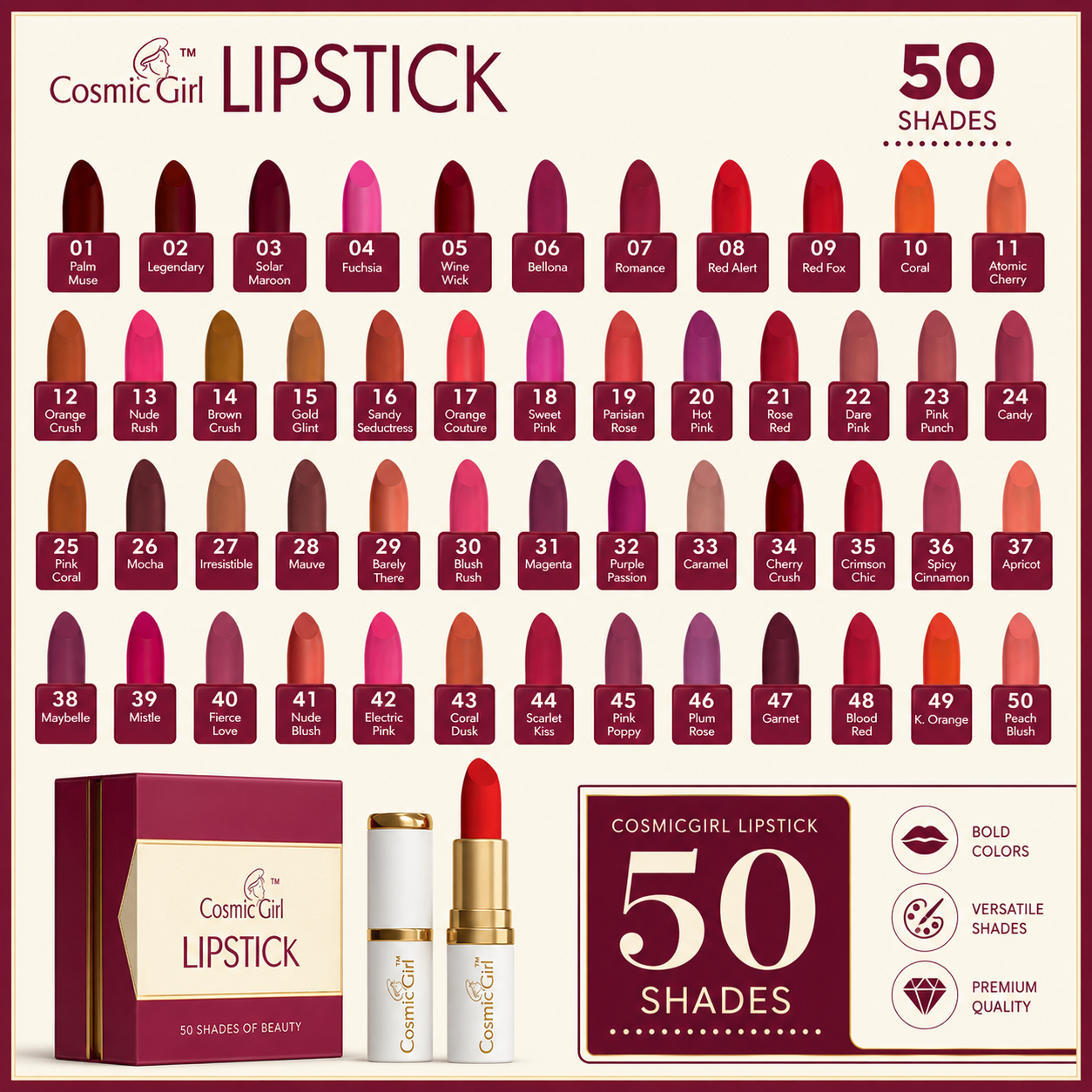 Cosmic Girl Lipstick – Matte Finish Long-Lasting Lip Color | Vitamin E Formula, 50 Shade Collection