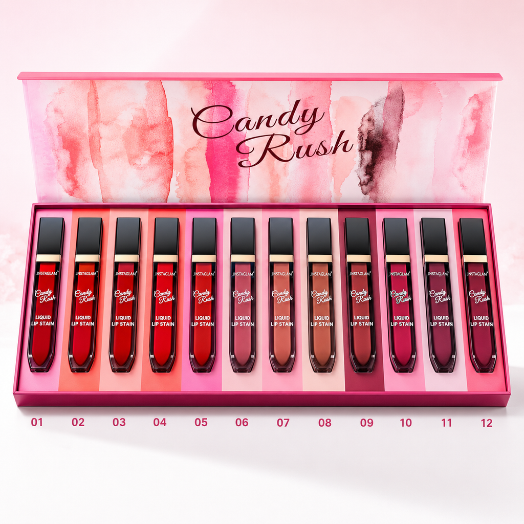 Candy Rush Liquid Lip Stain  – 12 Shades Velvet Matte Lip Color Collection | Long-Lasting Glam Lip Kit