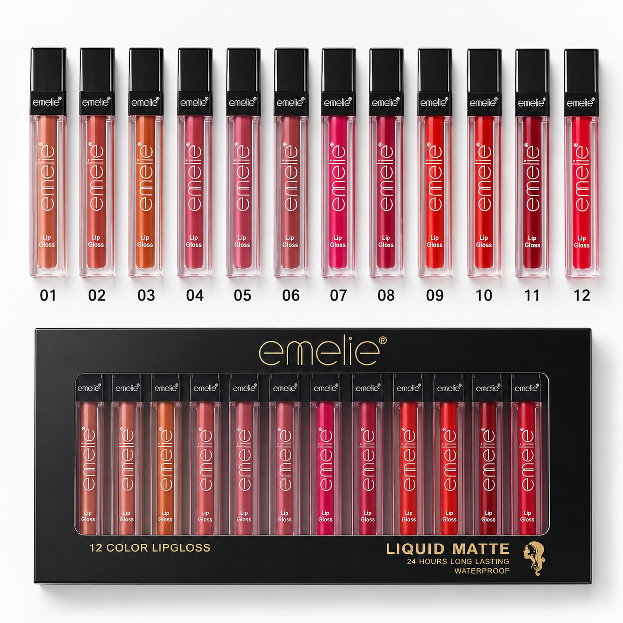 Emelie 12 Colors Lipgloss Kit   – Liquid Matte Waterproof Lip Gloss Collection | Long-Lasting 24H Glam Lip Kit