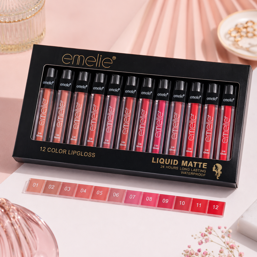 Emelie 12 Colors Lipgloss Kit   – Liquid Matte Waterproof Lip Gloss Collection | Long-Lasting 24H Glam Lip Kit