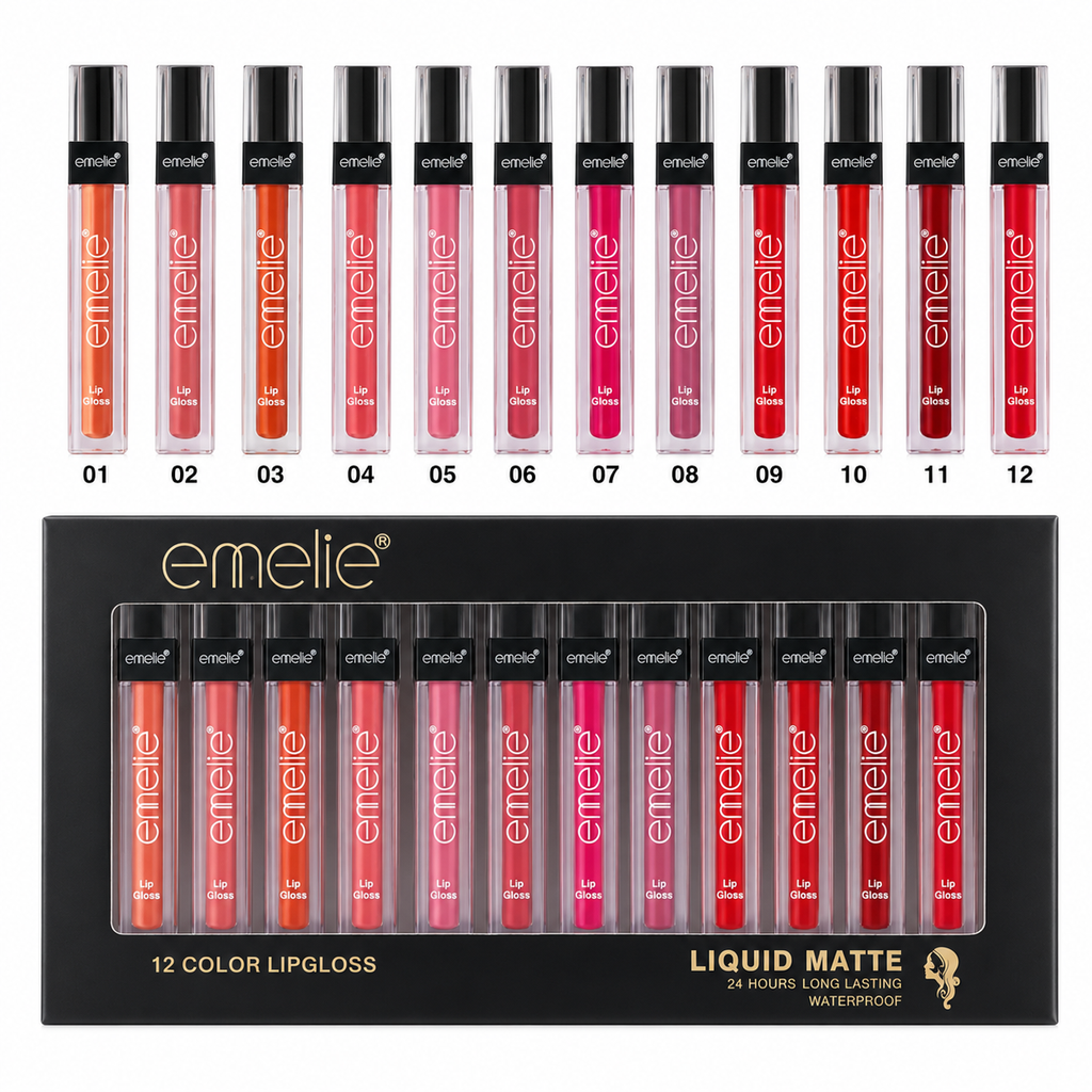 Emelie 12 Colors Lipgloss Kit   – Liquid Matte Waterproof Lip Gloss Collection | Long-Lasting 24H Glam Lip Kit