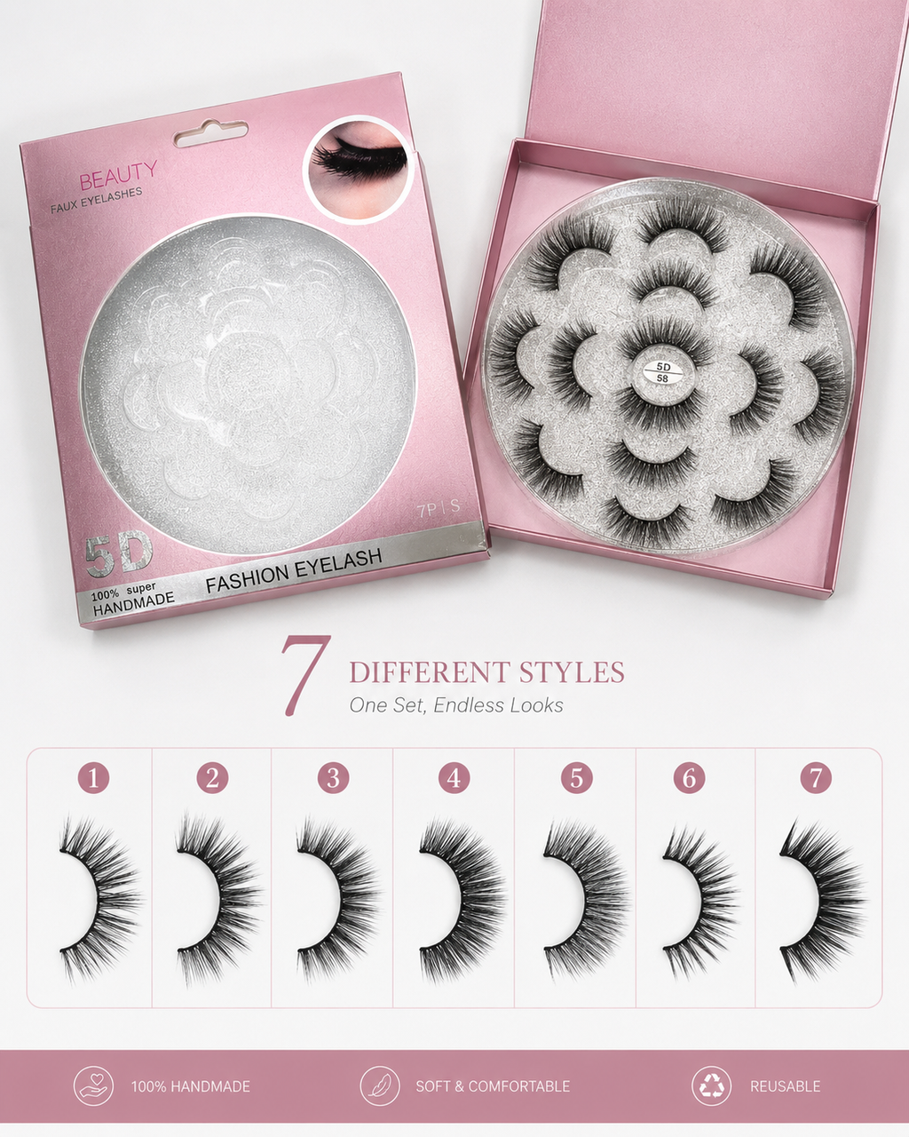 5D Handmade Fashion Eyelashes – 7 Pair Luxury Lash Set | Fluffy, Dramatic & Reusable