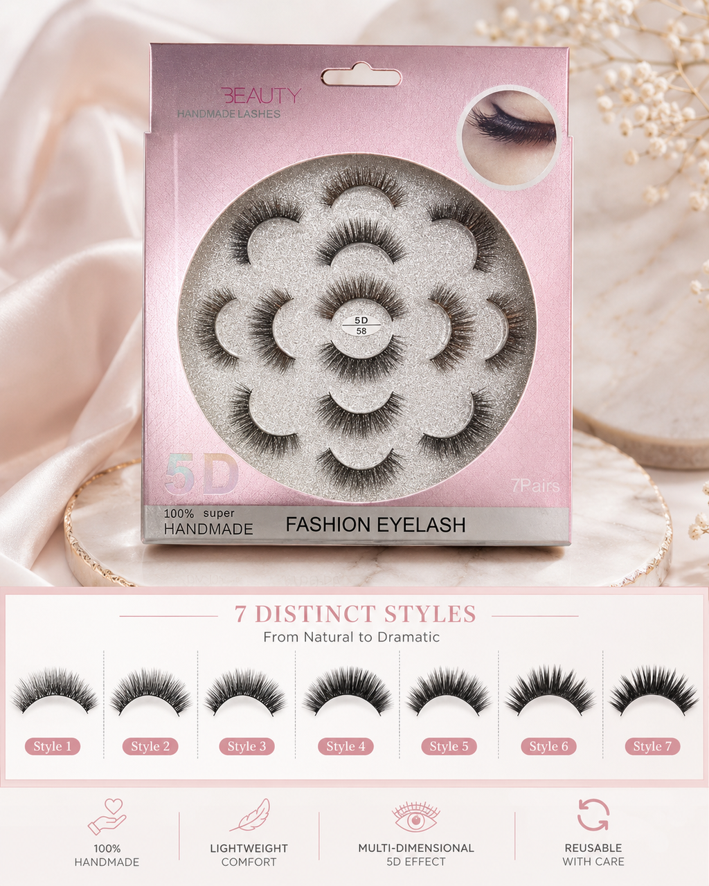 5D Handmade Fashion Eyelashes – 7 Pair Luxury Lash Set | Fluffy, Dramatic & Reusable