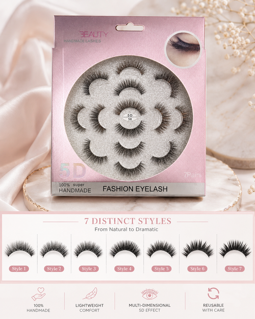 5D Handmade Fashion Eyelashes – 7 Pair Luxury Lash Set | Fluffy, Dramatic & Reusable