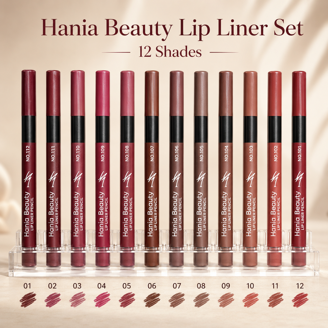 Hania Beauty 12-Piece Lip Liner Pencil Set – Waterproof Matte Lip Liners | 12 Numbered Shades for Easy Selection