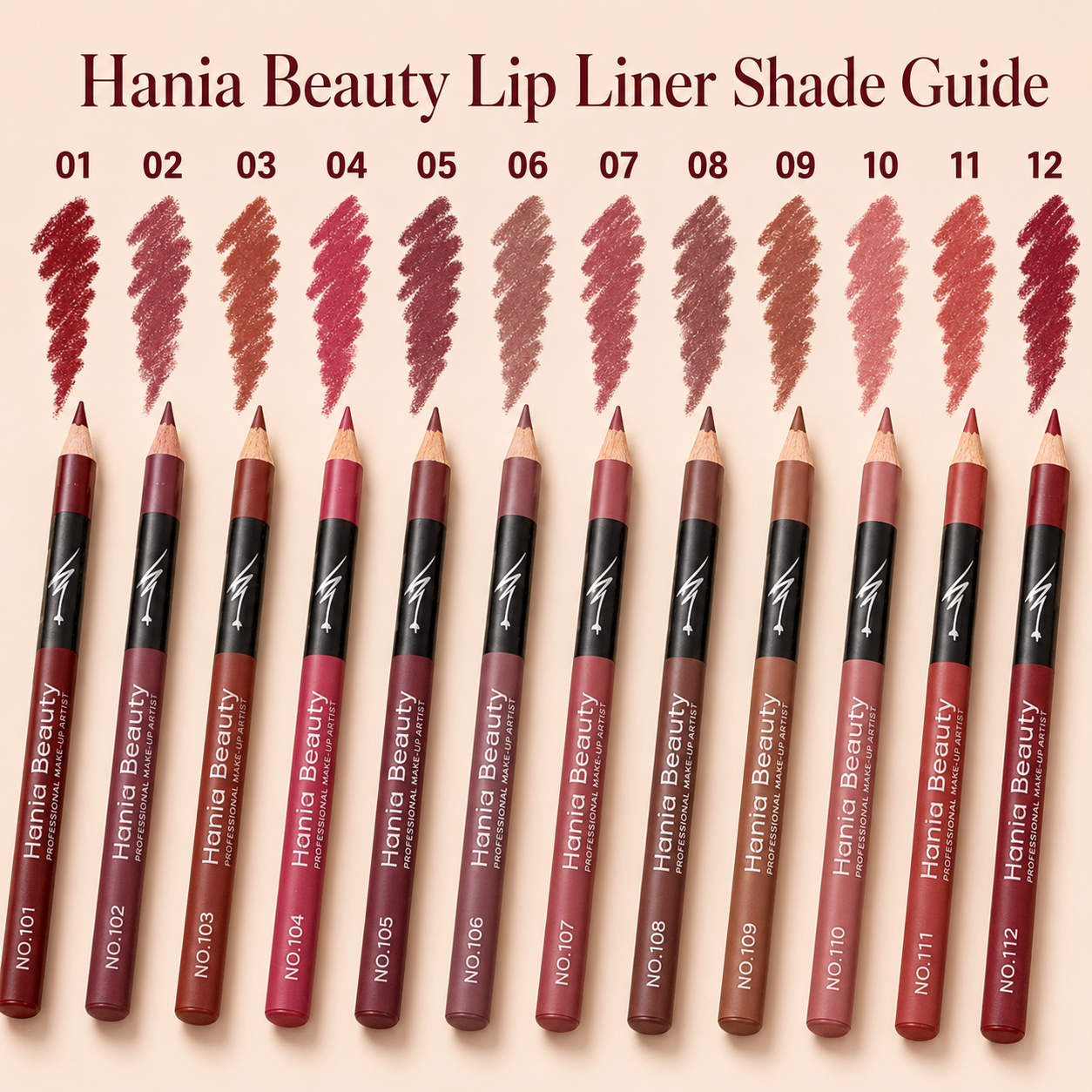Hania Beauty 12-Piece Lip Liner Pencil Set – Waterproof Matte Lip Liners | 12 Numbered Shades for Easy Selection
