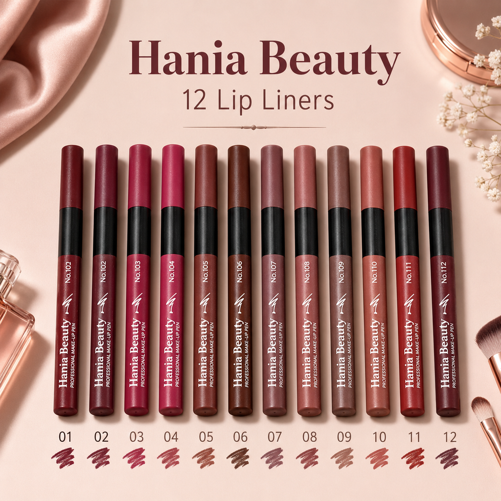 Hania Beauty 12-Piece Lip Liner Pencil Set – Waterproof Matte Lip Liners | 12 Numbered Shades for Easy Selection